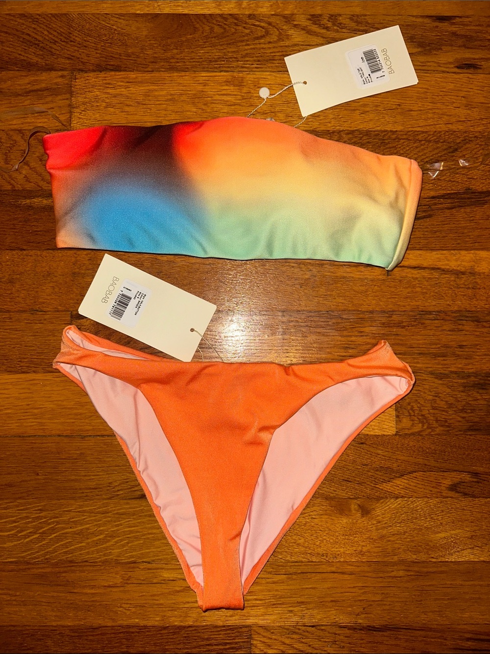 NWT BAOBAB Women's SET Rainbow Bandeau Top & Orange Bikini Bottom Swim Set
